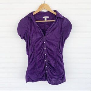 Active Basic Ruched Button Down Shirt Size L Purple Puff Sleeve Cotton Top